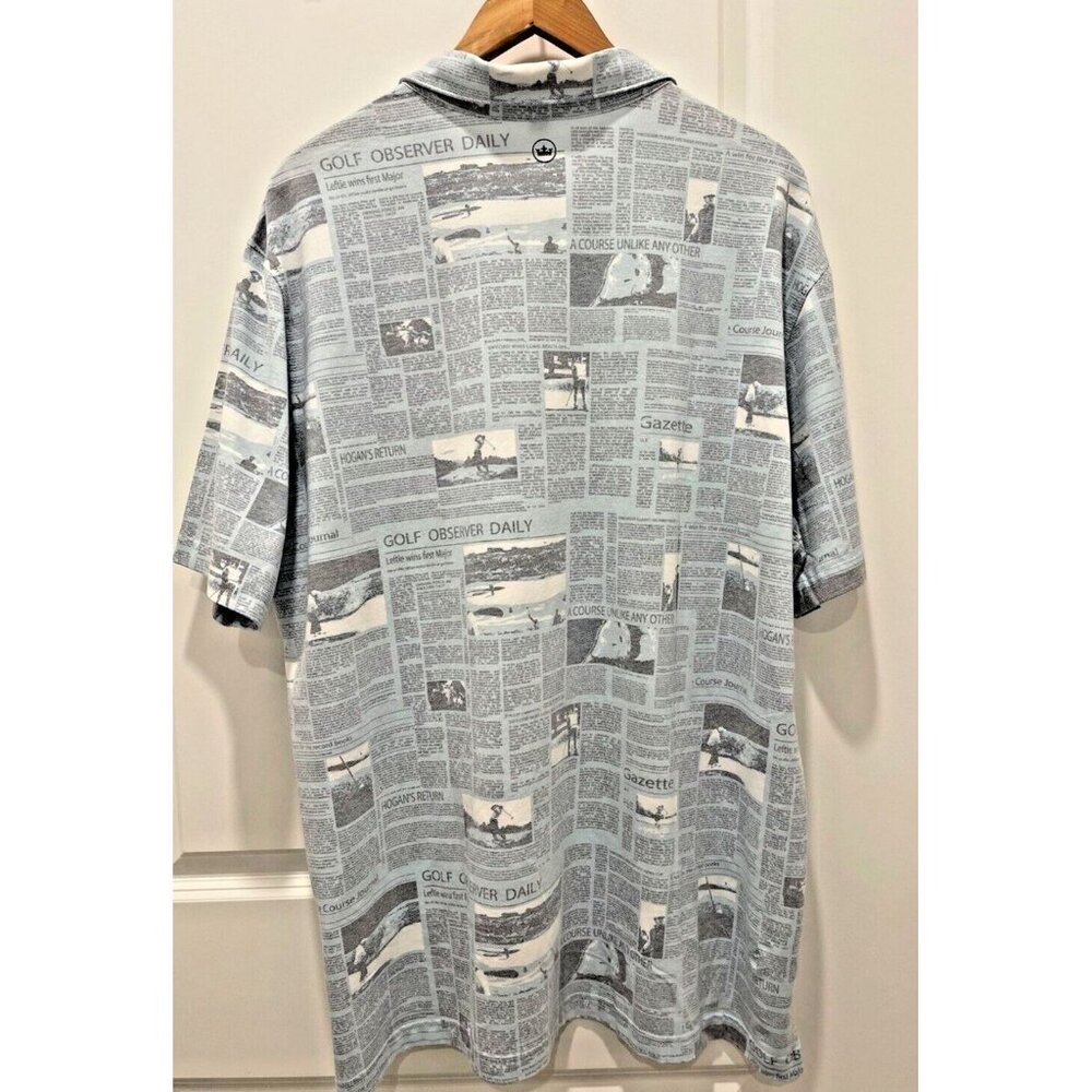 PETER MILLAR Size XXL Men's CROWN CRAFTED Polo Shirt Blue Frost Newspaper Print - Picture 2 of 7